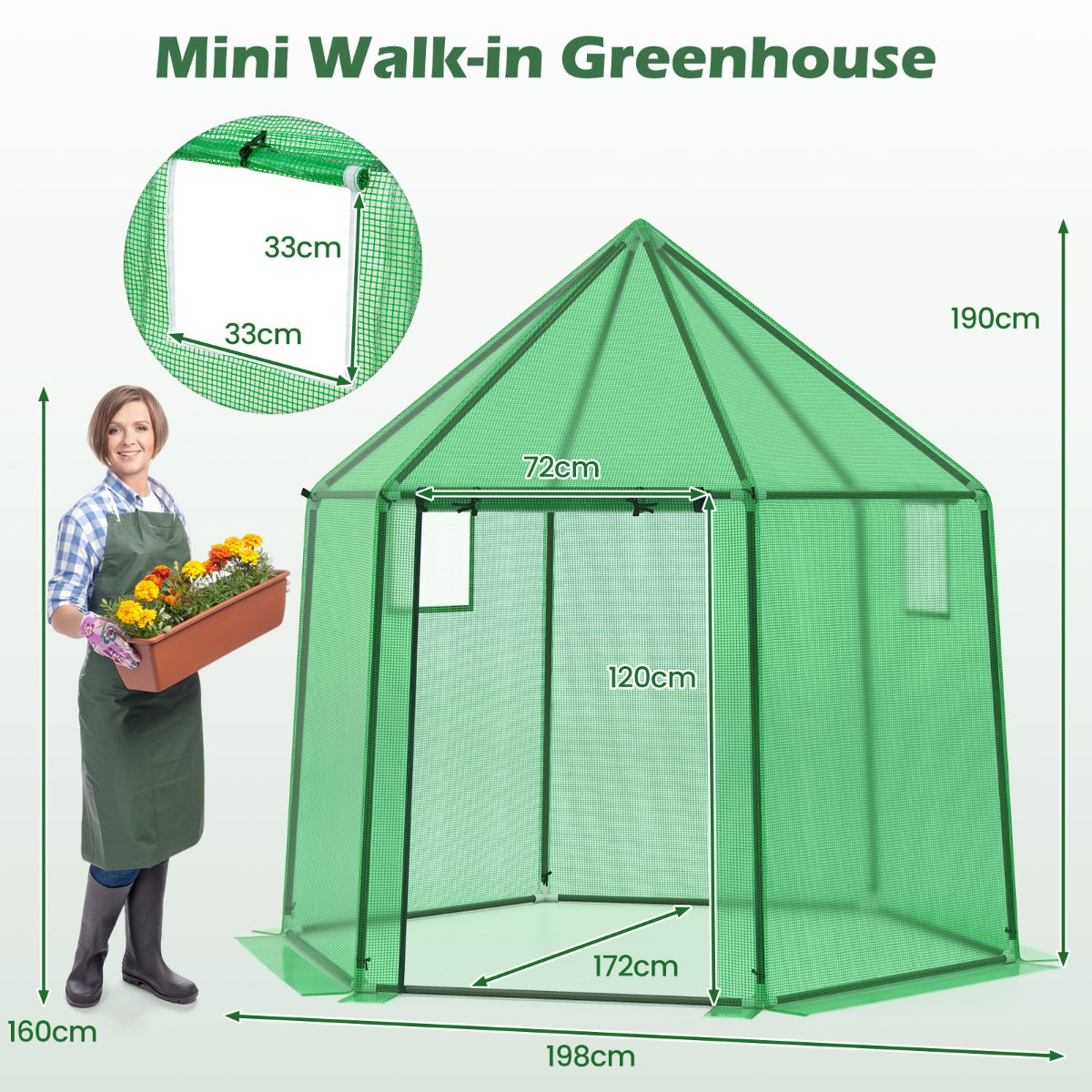 LIVSK Mini-walk-in Kas - Oprolbare Deur - Dubbele Mesh-Vensters - PE-Coating - 198 x 172 x 190 cm - Groen