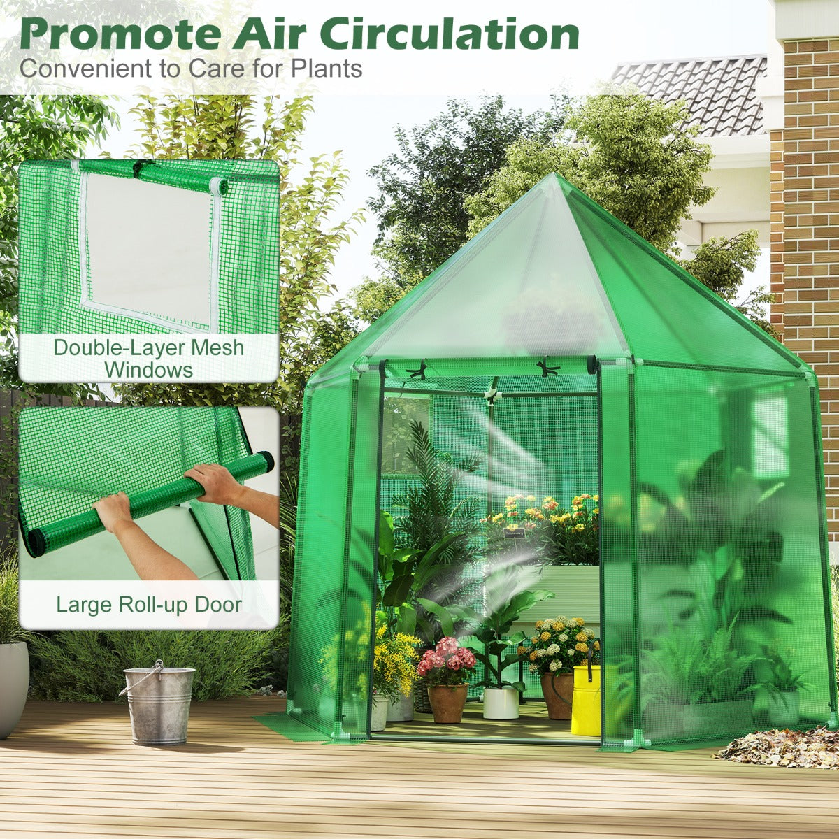 LIVSK Mini-walk-in Kas - Oprolbare Deur - Dubbele Mesh-Vensters - PE-Coating - 198 x 172 x 190 cm - Groen