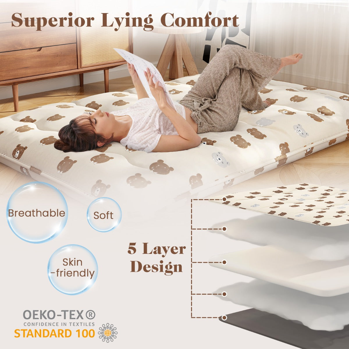 LIVSK Opvouwbare Futon-matras - Wasbare Microvezelhoes - Comfortabel als Slaapmat of Speelmat - 200 x 140 x 10 cm - Beige