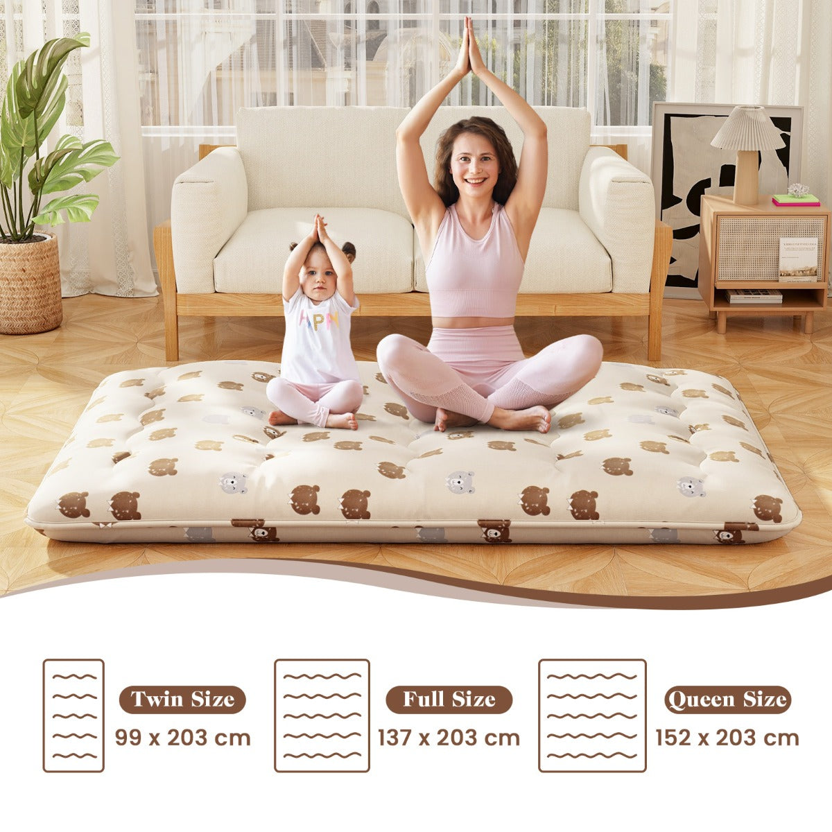 LIVSK Opvouwbare Futon-matras - Wasbare Microvezelhoes - Comfortabel als Slaapmat of Speelmat - 200 x 140 x 10 cm - Beige