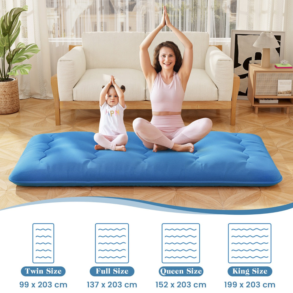 LIVSK Opvouwbare Vloermatras - Wasbare Microvezelhoes - Geschikt voor Kamperen en Spelen - 200 x 90 x 10 cm - Blauw