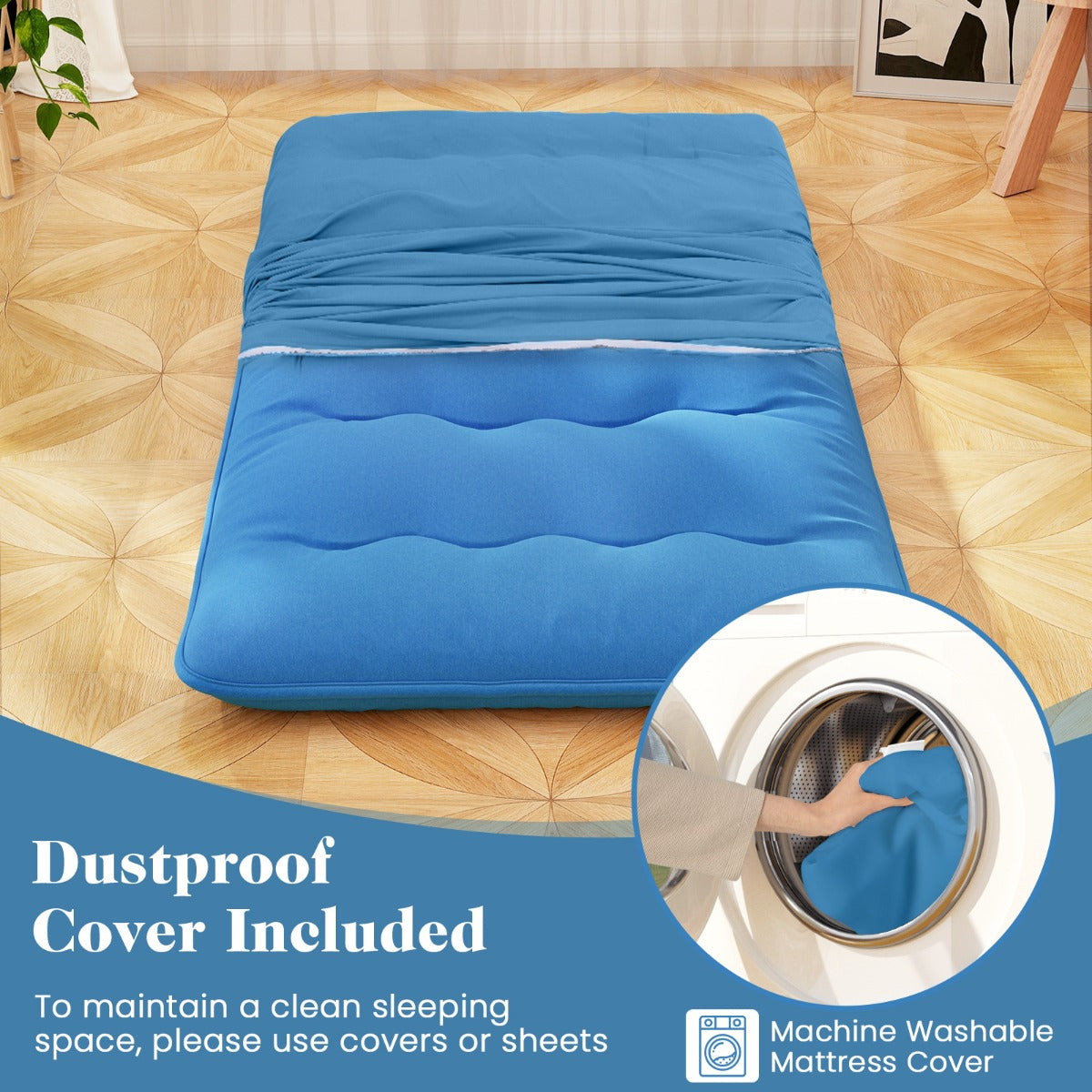 LIVSK Opvouwbare Vloermatras - Wasbare Microvezelhoes - Geschikt voor Kamperen en Spelen - 200 x 90 x 10 cm - Blauw