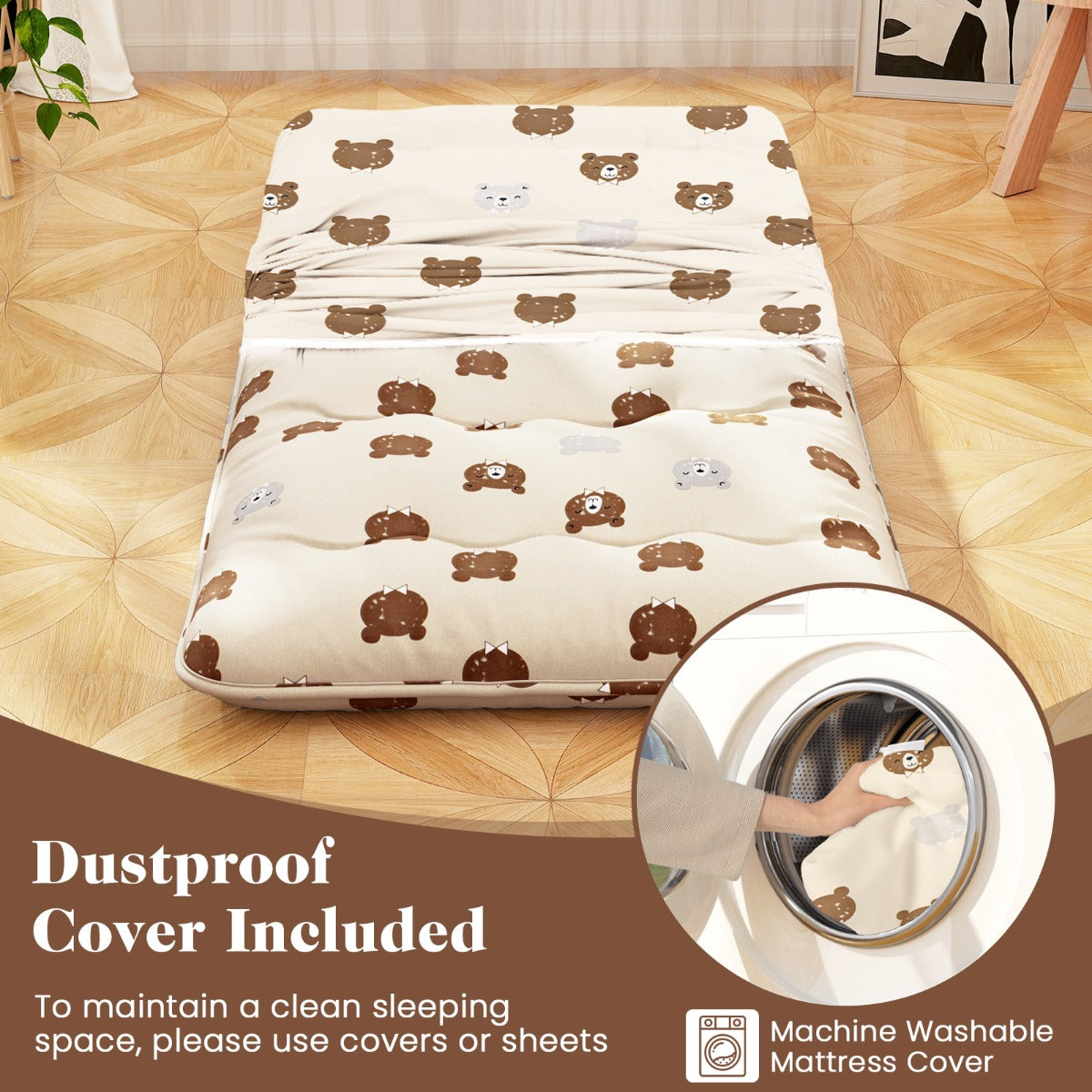 LIVSK Vloer-futon-matras - Wasbare Microvezelhoes - Voor Slaap, Speel en Kamperen - 200 x 90 x 10 cm - Bruine beer