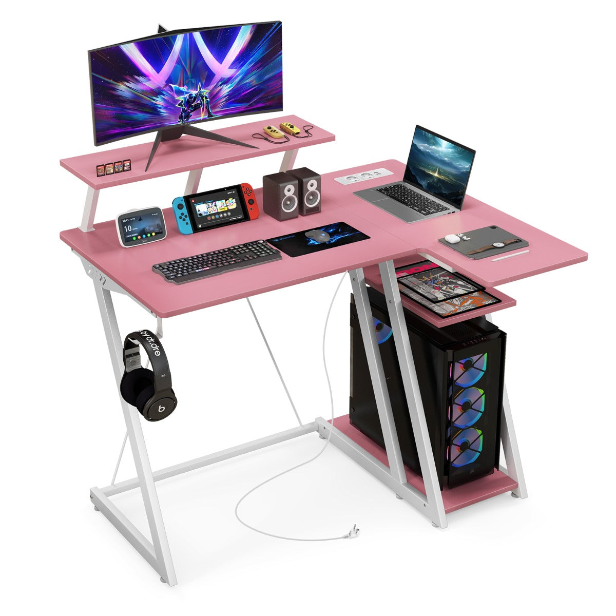 LIVSK Gamingbureau met Monitorplank - Ergonomisch - 2 Stopcontacten en 2 USB-poorten - Stevig Metaal - 107 x 45 x 93 cm - Roze/Wit
