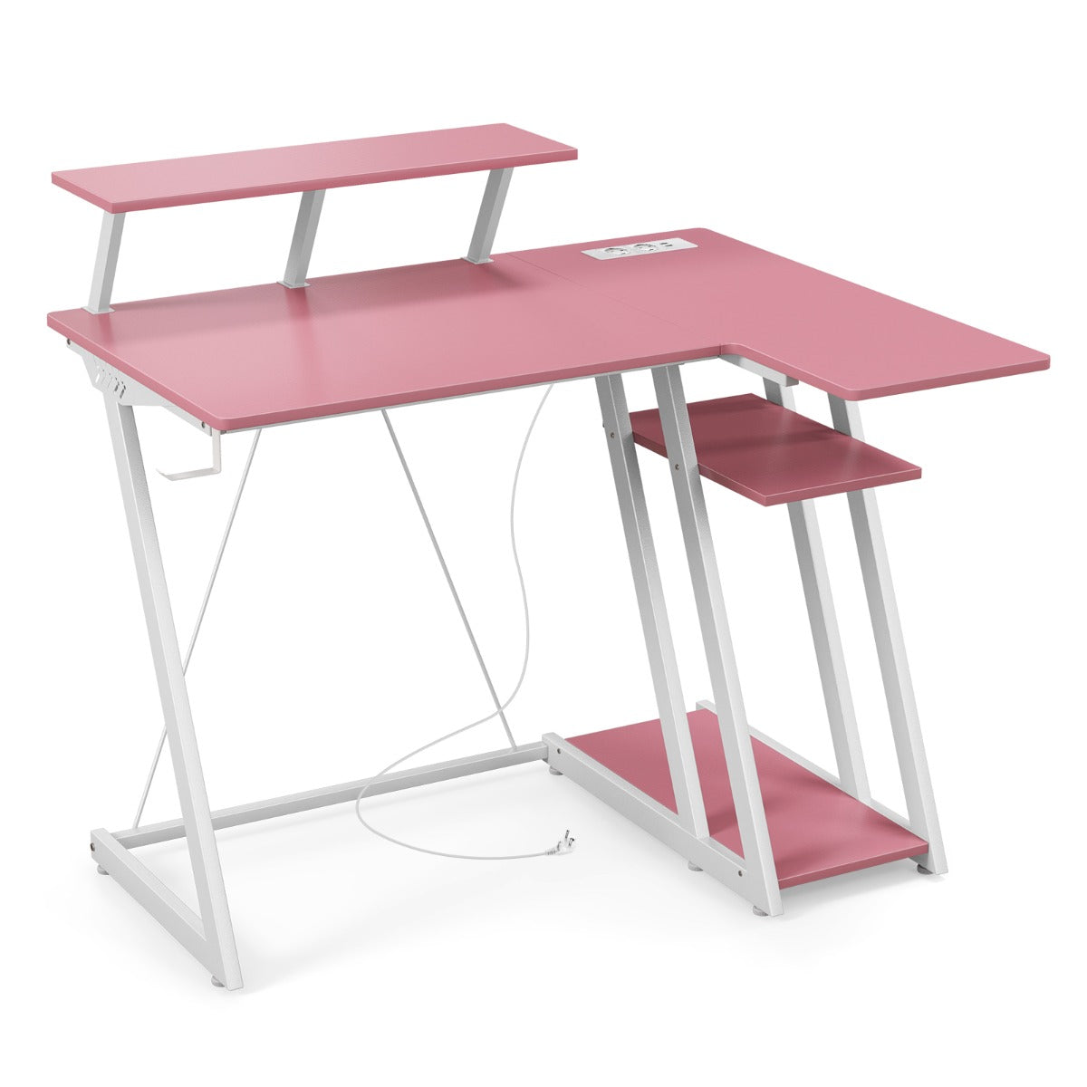 LIVSK Gamingbureau met Monitorplank - Ergonomisch - 2 Stopcontacten en 2 USB-poorten - Stevig Metaal - 107 x 45 x 93 cm - Roze/Wit