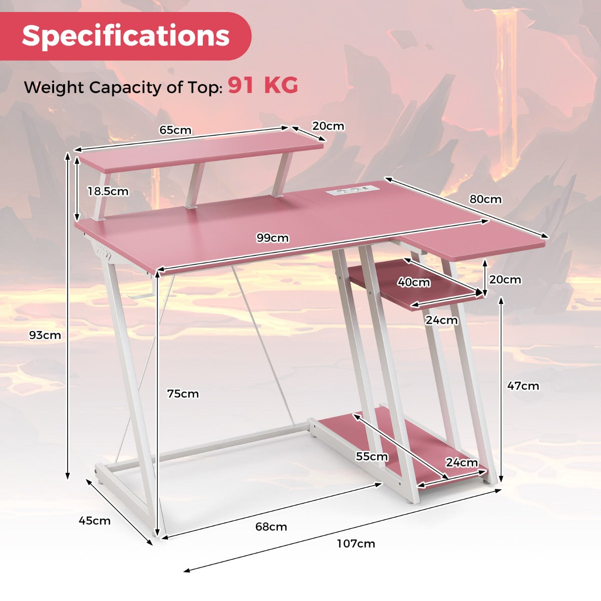 LIVSK Gamingbureau met Monitorplank - Ergonomisch - 2 Stopcontacten en 2 USB-poorten - Stevig Metaal - 107 x 45 x 93 cm - Roze/Wit