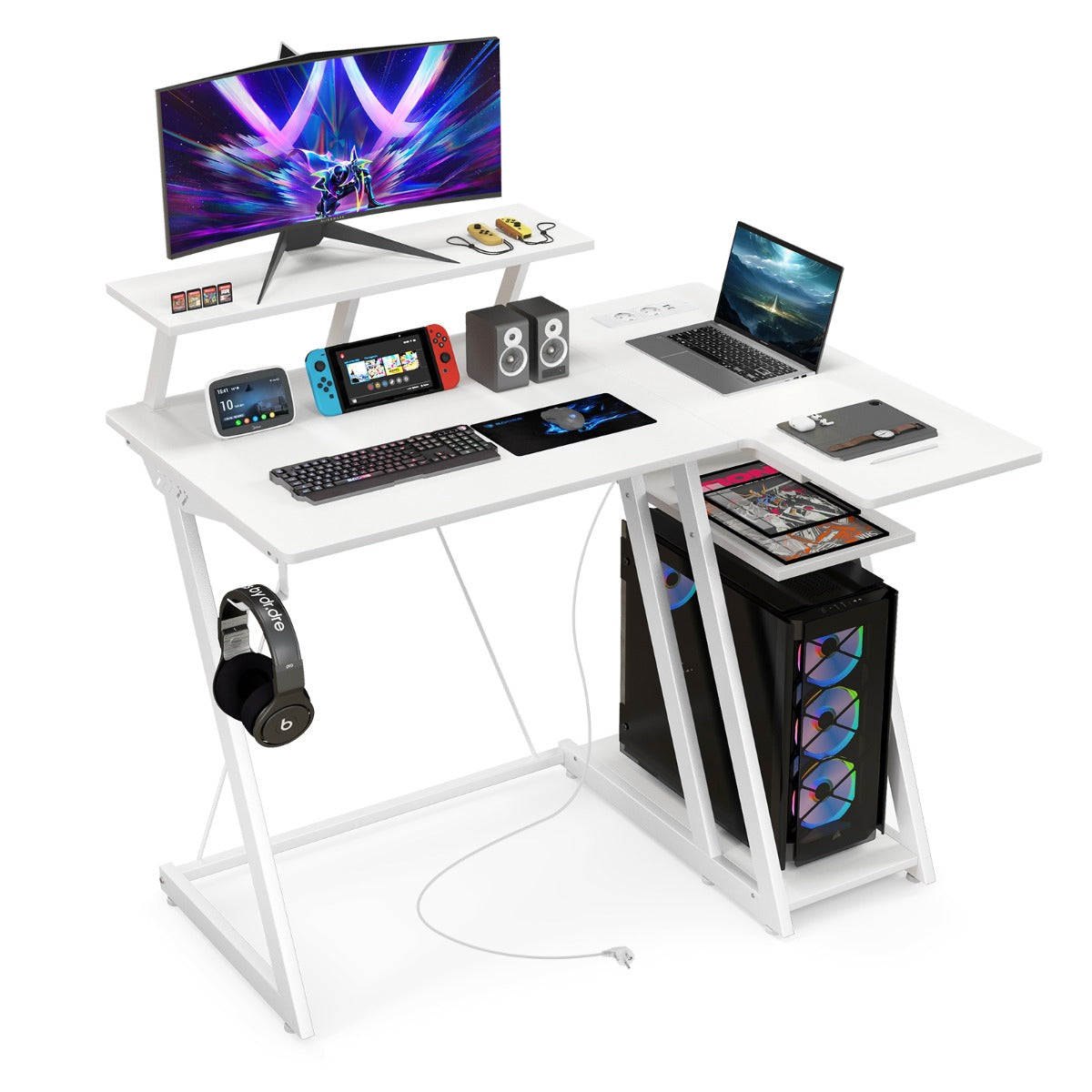 LIVSK Gaming Bureau - 2 Stopcontacten - 2 USB-poorten - Ergonomische Monitorplank - L-vormig - 107 x 45 x 93 cm - Roze/wit
