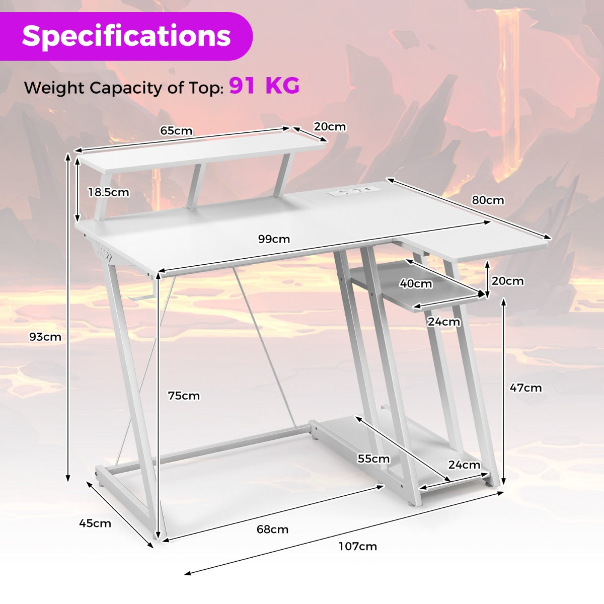 LIVSK Gaming Bureau - 2 Stopcontacten - 2 USB-poorten - Ergonomische Monitorplank - L-vormig - 107 x 45 x 93 cm - Roze/wit