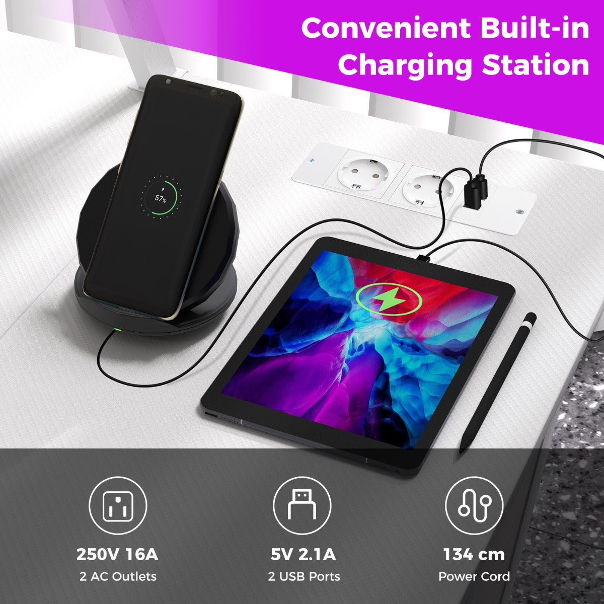 LIVSK Gaming Bureau - 2 Stopcontacten - 2 USB-poorten - Ergonomische Monitorplank - L-vormig - 107 x 45 x 93 cm - Roze/wit