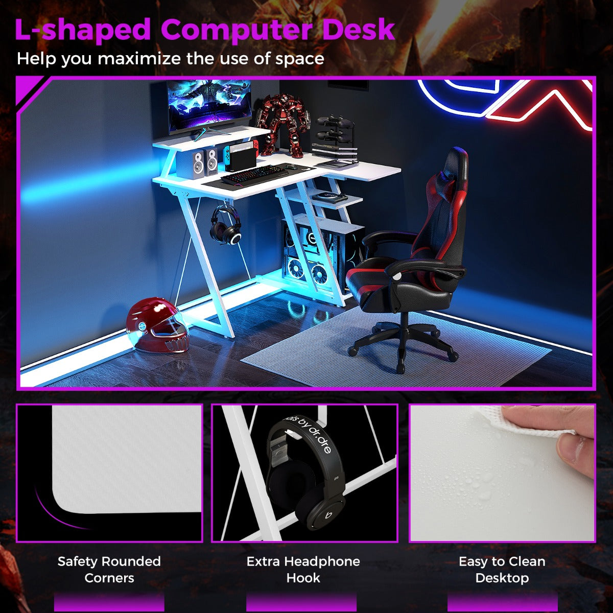 LIVSK Gaming Bureau - 2 Stopcontacten - 2 USB-poorten - Ergonomische Monitorplank - L-vormig - 107 x 45 x 93 cm - Roze/wit