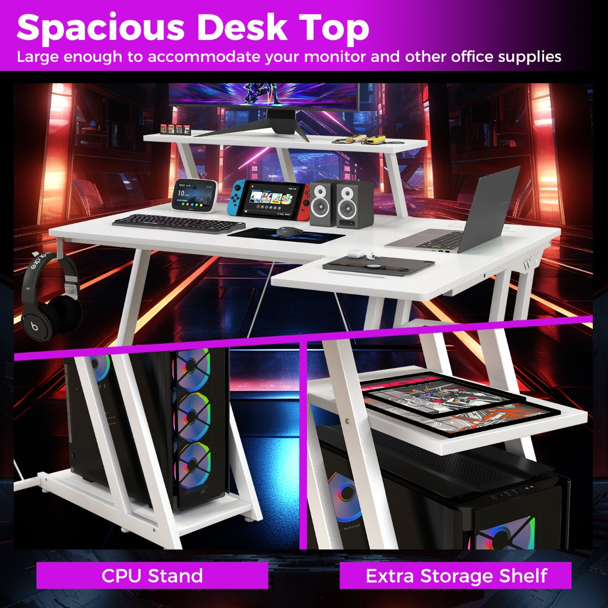 LIVSK Gaming Bureau - 2 Stopcontacten - 2 USB-poorten - Ergonomische Monitorplank - L-vormig - 107 x 45 x 93 cm - Roze/wit