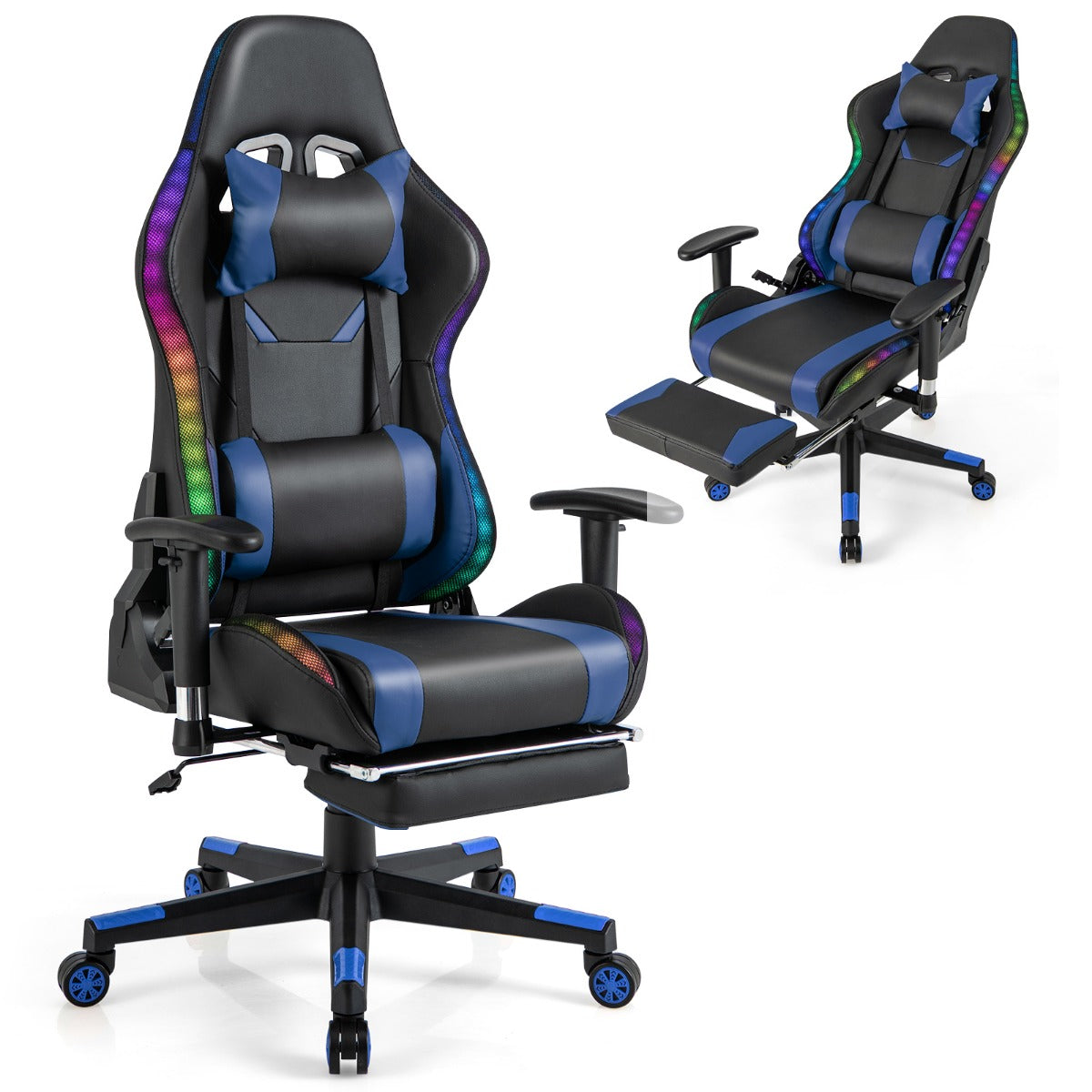 LIVSK LED-gamingstoel - RGB Verlichting met Afstandsbediening - Verstelbare Hoogte en Rugleuning - 360° Draaibaar - Blauw