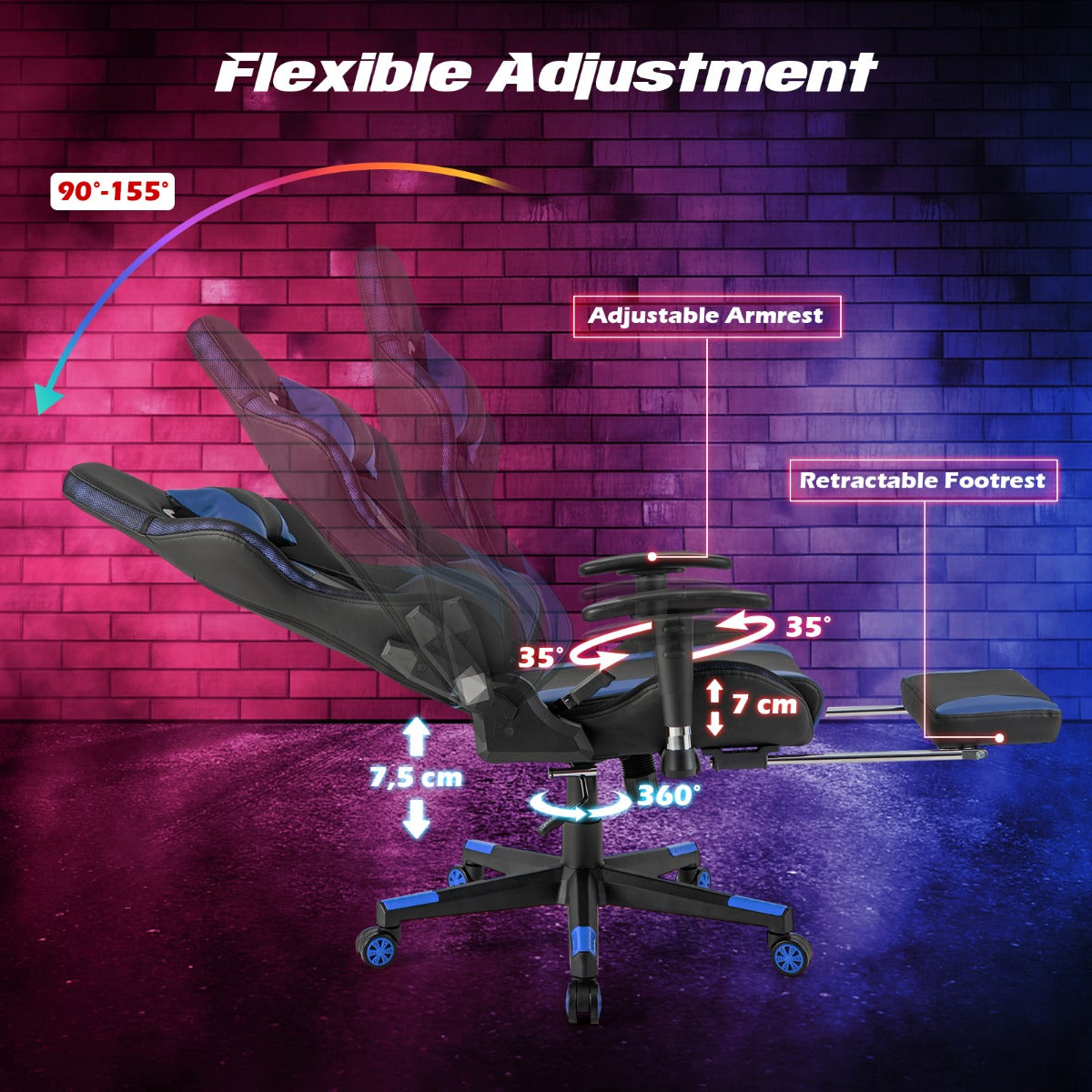 LIVSK LED-gamingstoel - RGB Verlichting met Afstandsbediening - Verstelbare Hoogte en Rugleuning - 360° Draaibaar - Blauw
