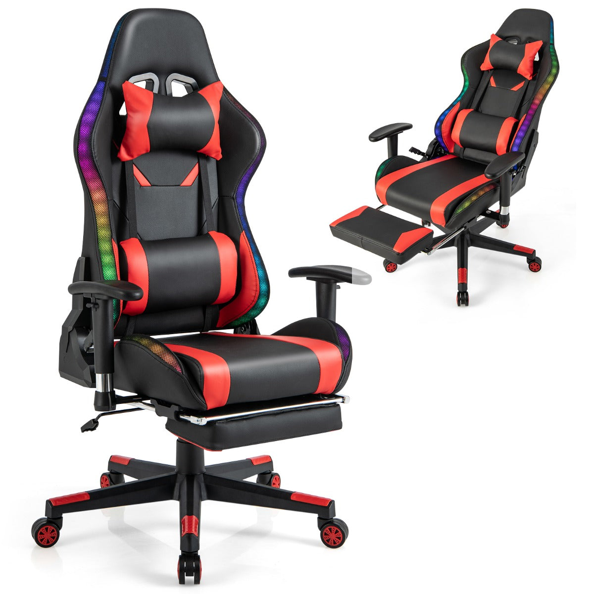 LIVSK LED Gamingstoel - Verstelbaar met RGB Verlichting en Intrekbare Voetensteun - 360° Draaibaar - Tot 160 kg - Rood