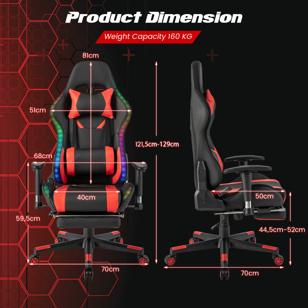 LIVSK LED Gamingstoel - Verstelbaar met RGB Verlichting en Intrekbare Voetensteun - 360° Draaibaar - Tot 160 kg - Rood