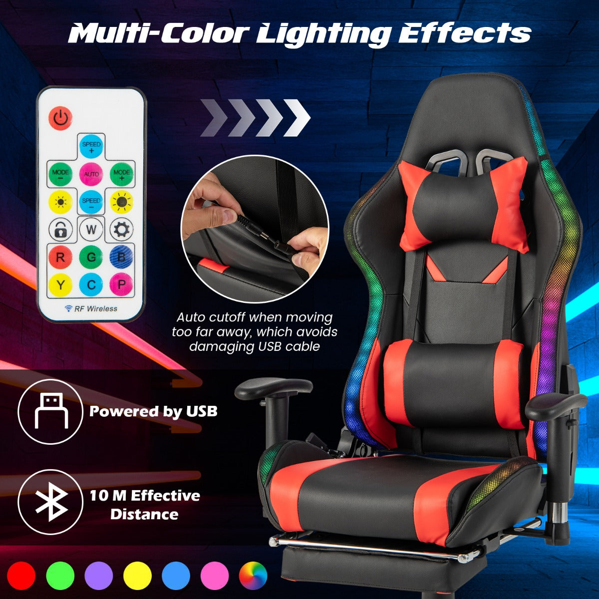 LIVSK LED Gamingstoel - Verstelbaar met RGB Verlichting en Intrekbare Voetensteun - 360° Draaibaar - Tot 160 kg - Rood
