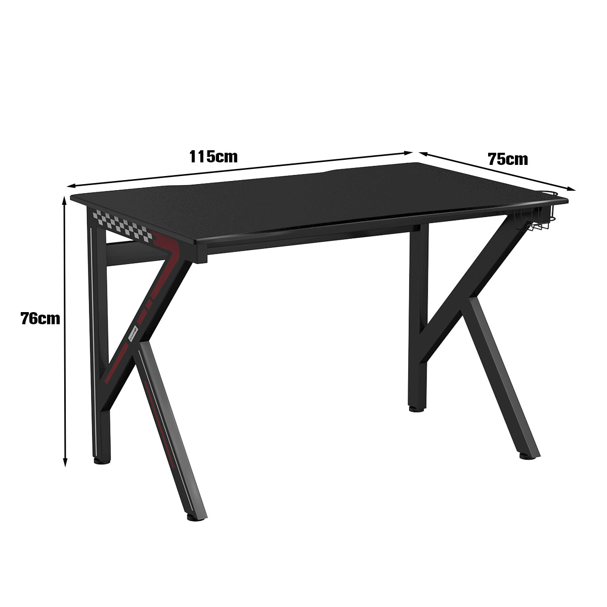 LIVSK Gamingtafel - Verstelbare Poten, Hoofdtelefoon- en Bekerhouders - Robuust Staal - 115 x 75 x 76 cm - Zwart