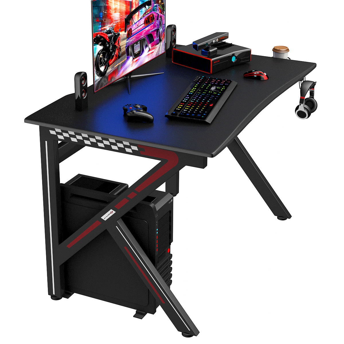 LIVSK Gamingtafel - Verstelbare Poten, Hoofdtelefoon- en Bekerhouders - Robuust Staal - 115 x 75 x 76 cm - Zwart