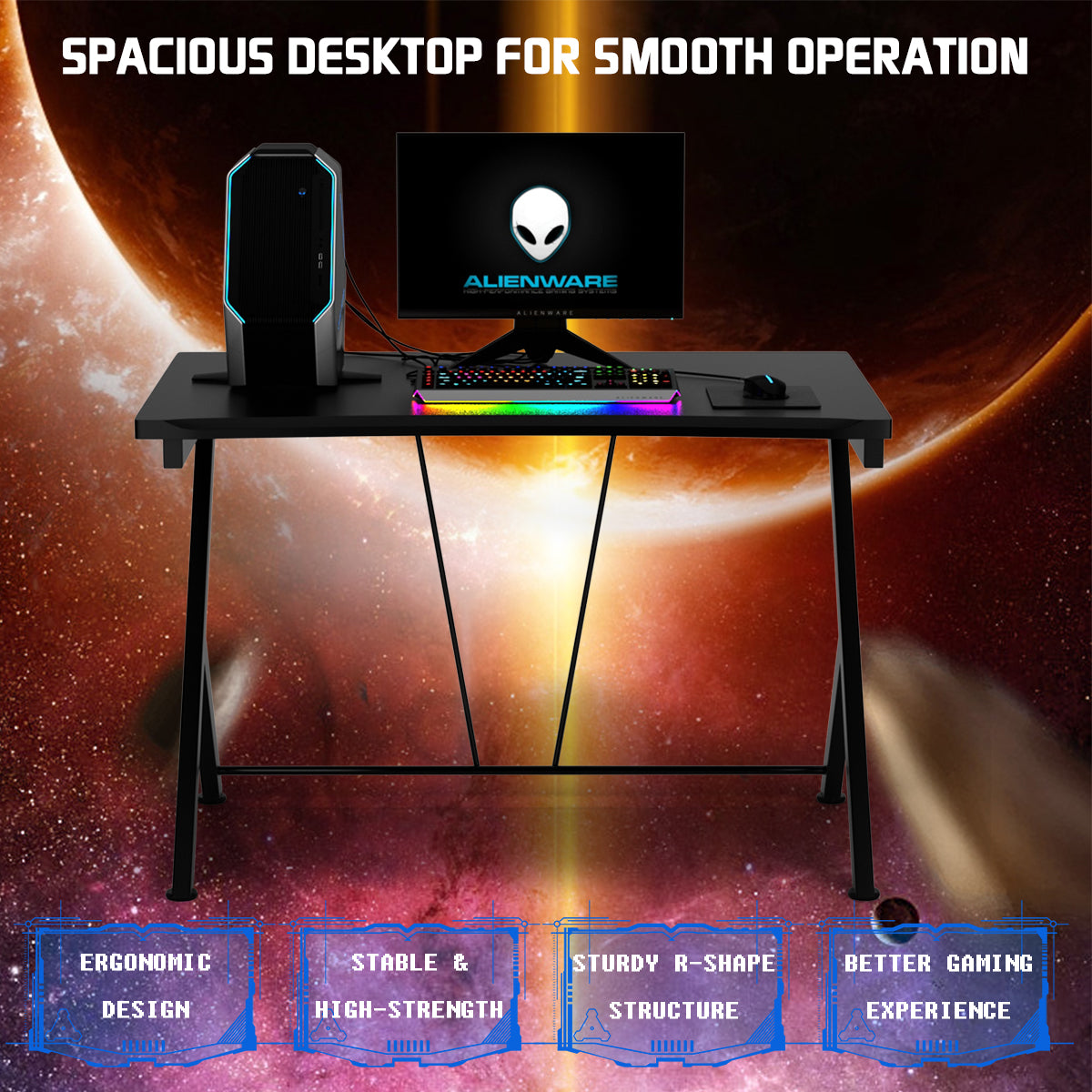 LIVSK Ergonomische Gamingtafel - MDF Tafelblad 116 x 75 cm - Robuust Metalen Frame - Verstelbare Voetkussens - Zwart