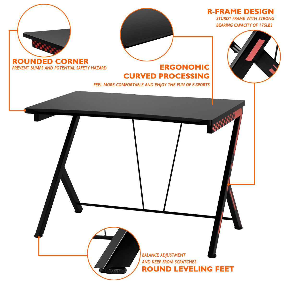 LIVSK Ergonomische Gamingtafel - MDF Tafelblad 116 x 75 cm - Robuust Metalen Frame - Verstelbare Voetkussens - Zwart