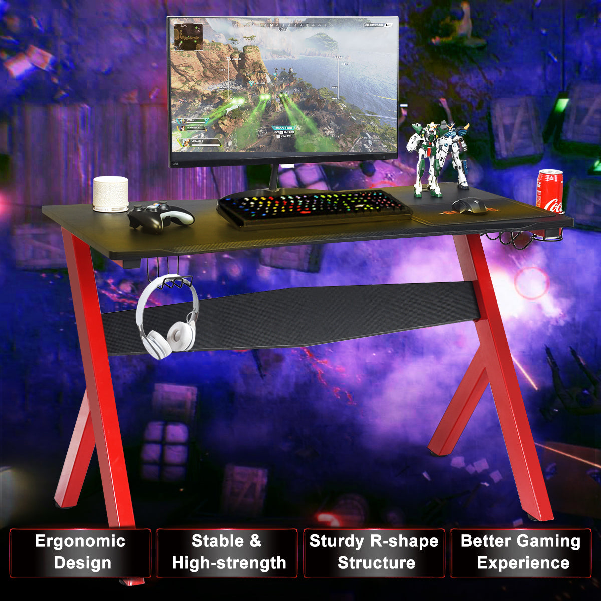 LIVSK Gamingbureau - Ruim Bureaublad - Hoofdtelefoonhouder - Bekerhouder - Tot 100 kg - 115 x 60 x 76 cm - Zoals afgebeeld