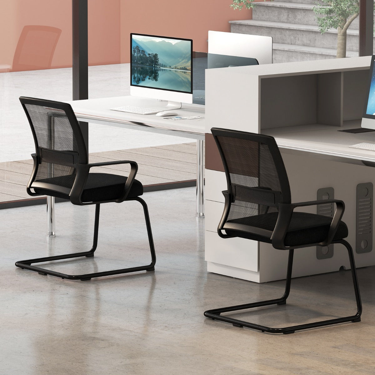 LIVSK Ergonomische Conferentiestoel - U-Voet - Ademend Mesh - Lendensteun - Voor Thuis en Kantoor - Tot 110 kg - Zwart