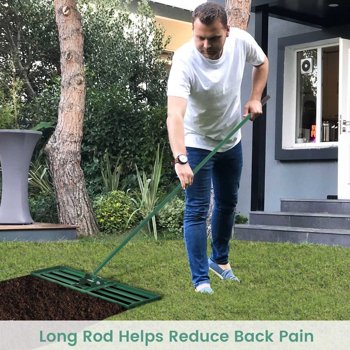 LIVSK Ergonomische Tuinhark 106 x 25 cm - Voor Gazon en Golfbaan - Anti-slip Handgreep - Duurzaam Metaal - Groen
