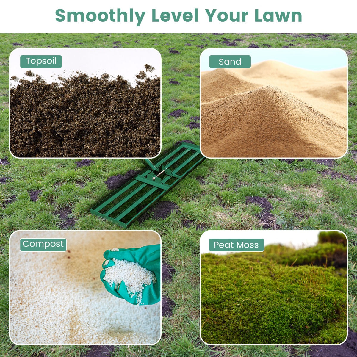 LIVSK Ergonomische Tuinhark 106 x 25 cm - Voor Gazon en Golfbaan - Anti-slip Handgreep - Duurzaam Metaal - Groen