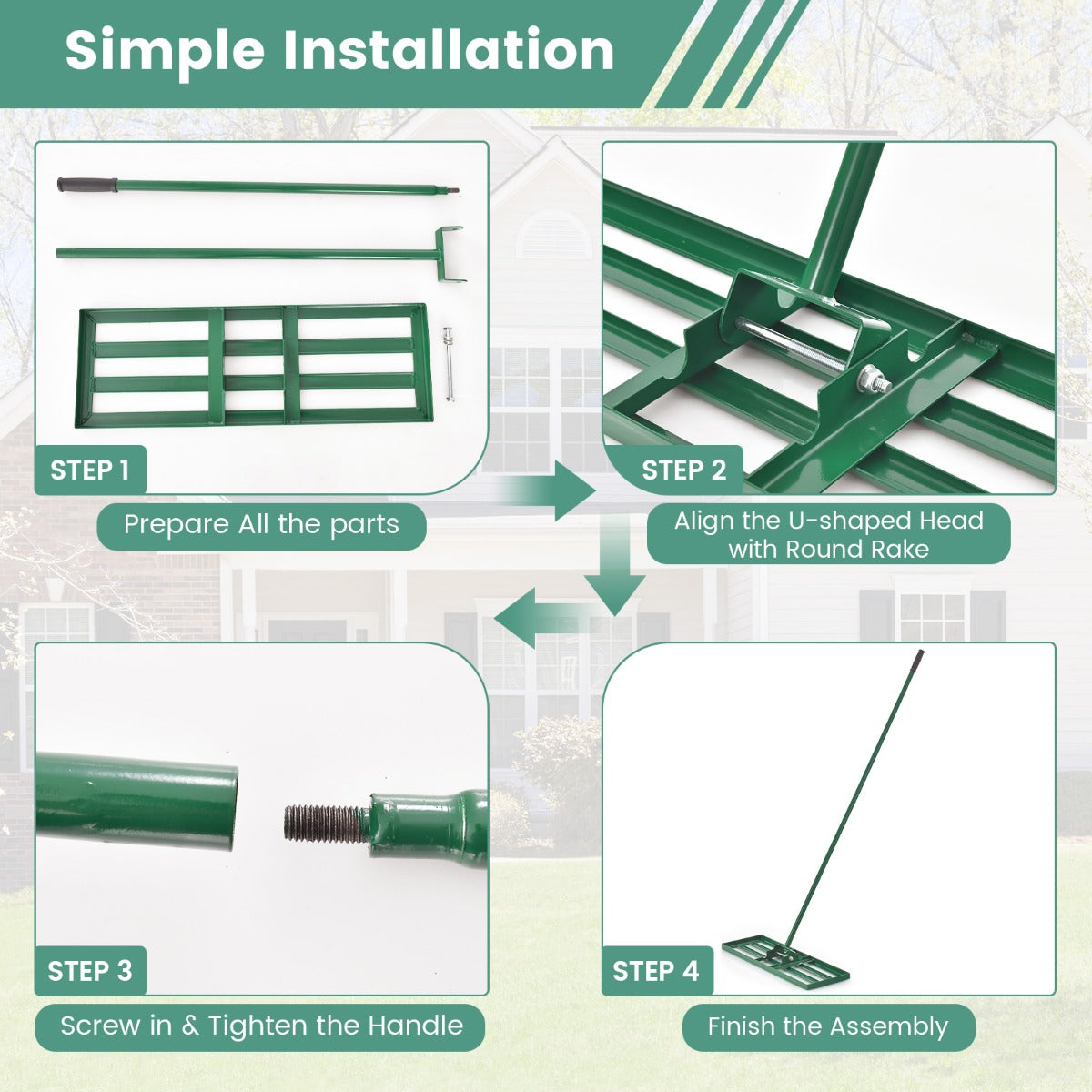 LIVSK Egaliseerhark voor Gazons - Ergonomische Handgreep 170 cm - U-vormige Kop - 75 x 25 cm - Duurzaam Metaal - Groen