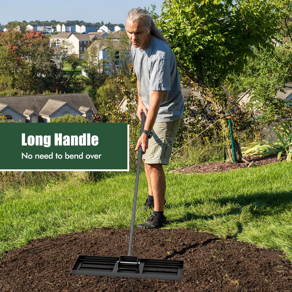 LIVSK Egaliseerhark voor Gazon - Ergonomische Lange Handgreep - Stevig Metaal - Eenvoudige Montage - 75 x 25 cm - Zwart/Groen
