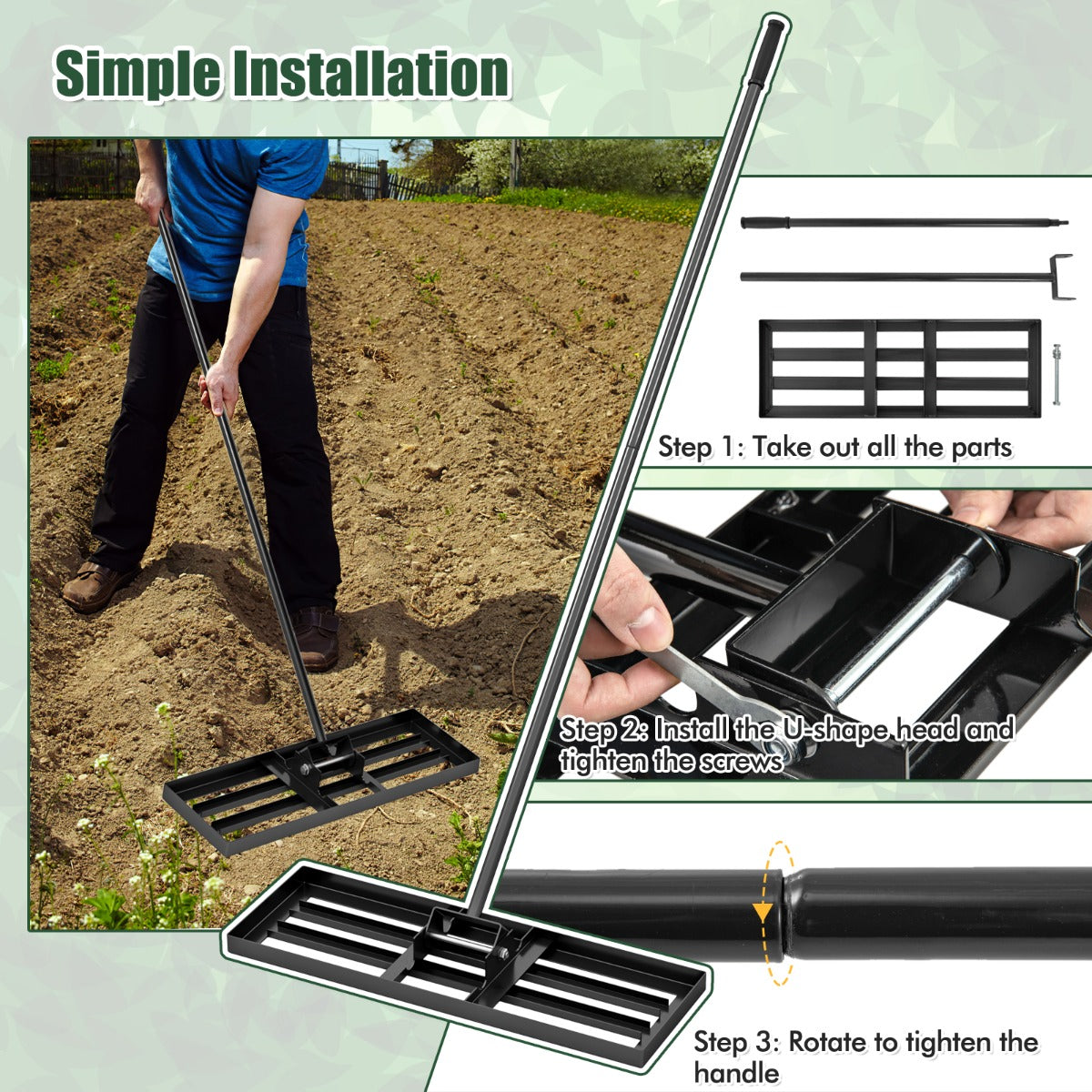 LIVSK Egaliseerhark voor Gazon - Ergonomische Lange Handgreep - Stevig Metaal - Eenvoudige Montage - 75 x 25 cm - Zwart/Groen