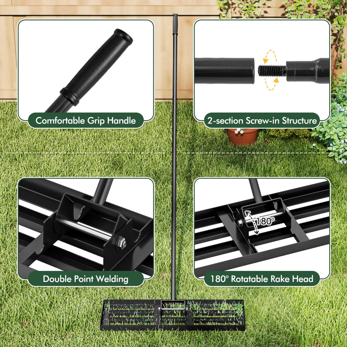 LIVSK Egaliseerhark voor Gazon - Ergonomische Lange Handgreep - Stevig Metaal - Eenvoudige Montage - 75 x 25 cm - Zwart/Groen