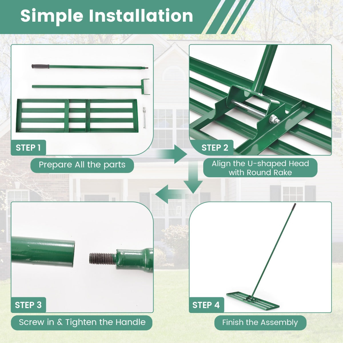 LIVSK Ergonomische Gazonhark 91 x 25 cm - Duurzaam Metaal - Eenvoudige Montage - Comfortabele 170 cm Steel - Groen