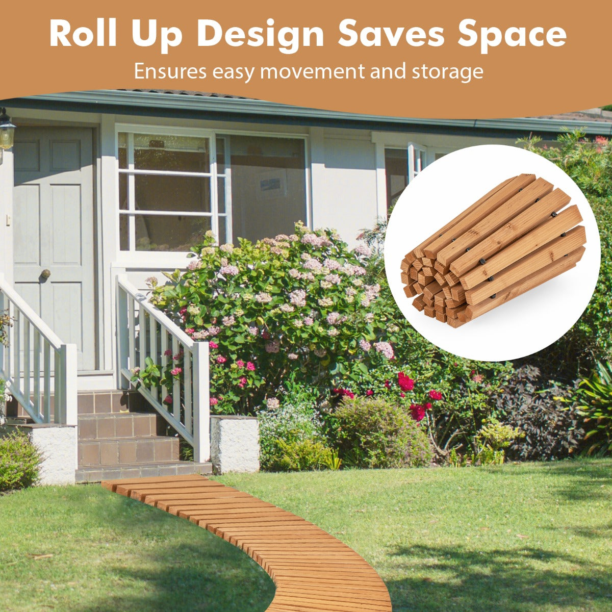 LIVSK Houten Tuinpad - Antislip Oppervlak - Oprolbaar en Geen Montage Nodig - Massief Dennenhout - 216 x 43 x 2,2 cm - Natuurlijk