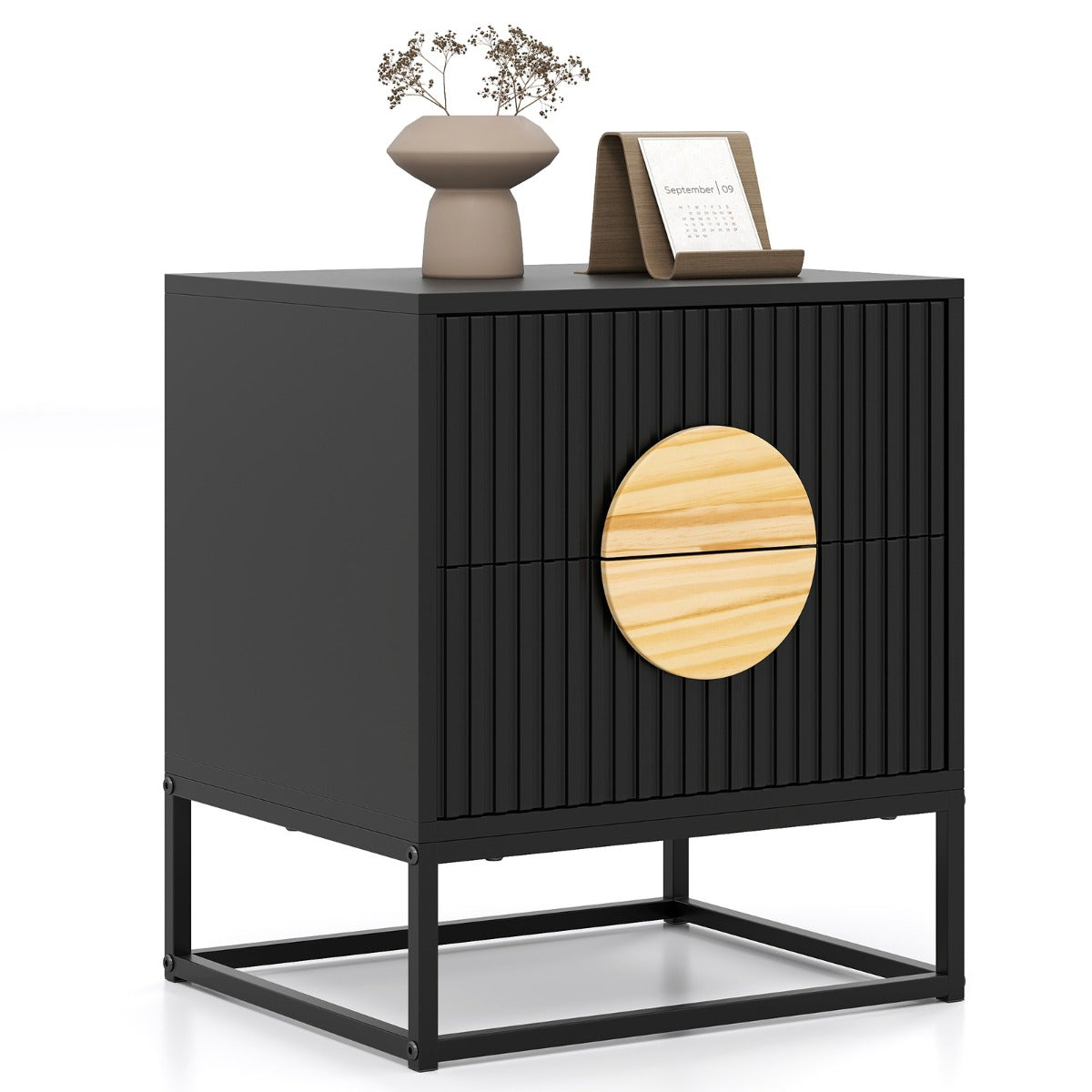 LIVSK Bijzettafel - Geribbeld Design met 2 Lades - Ruim Tafelblad - Duurzaam Metalen Frame - 48 x 40 x 56 cm - Zwart & Natuurlijk