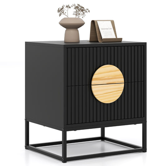 LIVSK Bijzettafel - Geribbeld Design met 2 Lades - Ruim Tafelblad - Duurzaam Metalen Frame - 48 x 40 x 56 cm - Zwart & Natuurlijk