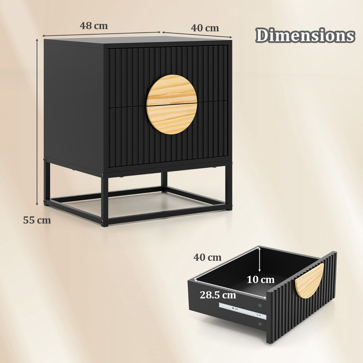 LIVSK Bijzettafel - Geribbeld Design met 2 Lades - Ruim Tafelblad - Duurzaam Metalen Frame - 48 x 40 x 56 cm - Zwart & Natuurlijk