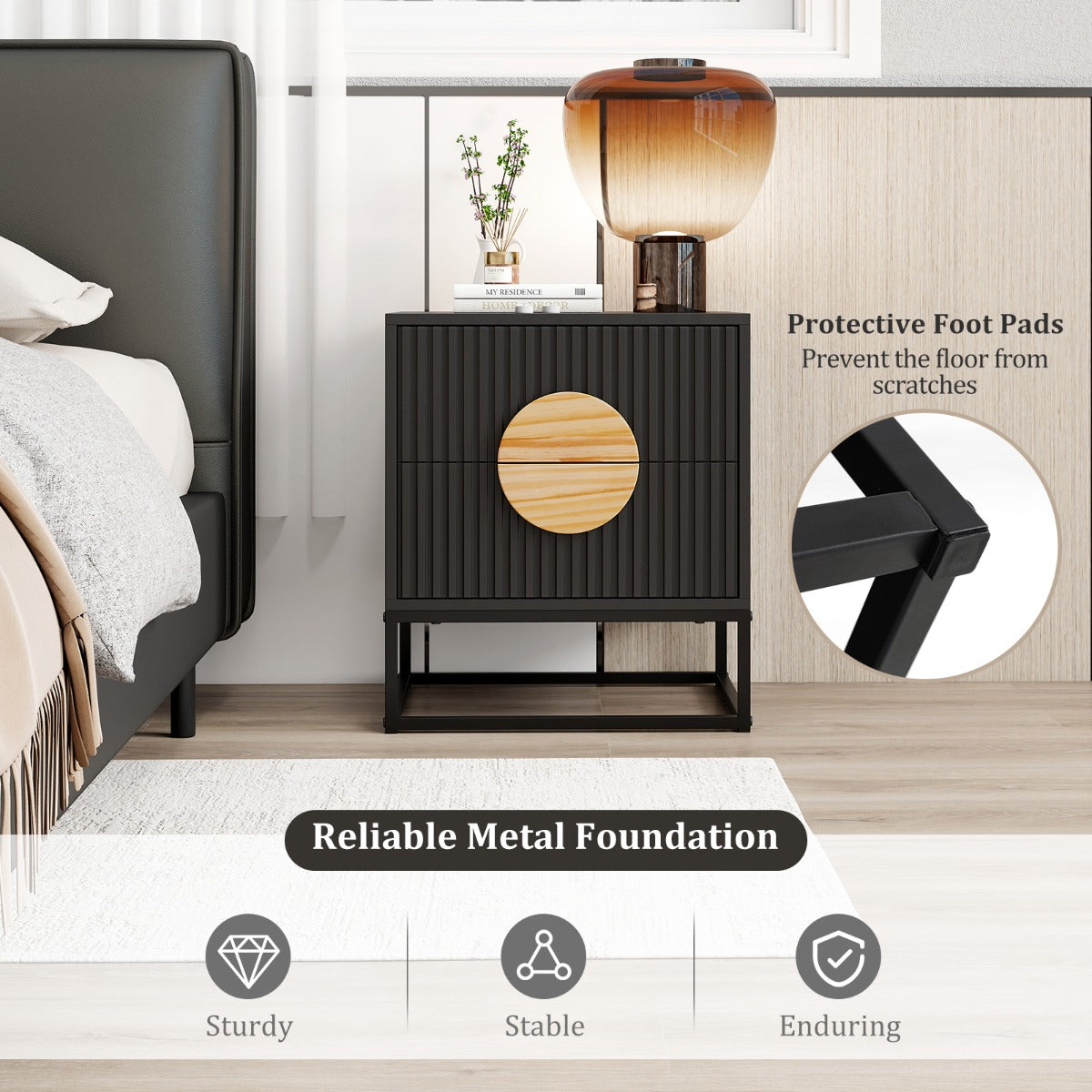 LIVSK Bijzettafel - Geribbeld Design met 2 Lades - Ruim Tafelblad - Duurzaam Metalen Frame - 48 x 40 x 56 cm - Zwart & Natuurlijk