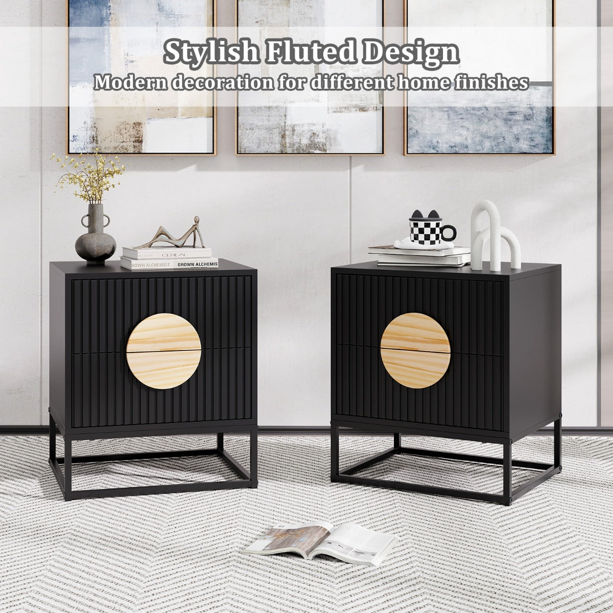LIVSK Bijzettafel - Geribbeld Design met 2 Lades - Ruim Tafelblad - Duurzaam Metalen Frame - 48 x 40 x 56 cm - Zwart & Natuurlijk