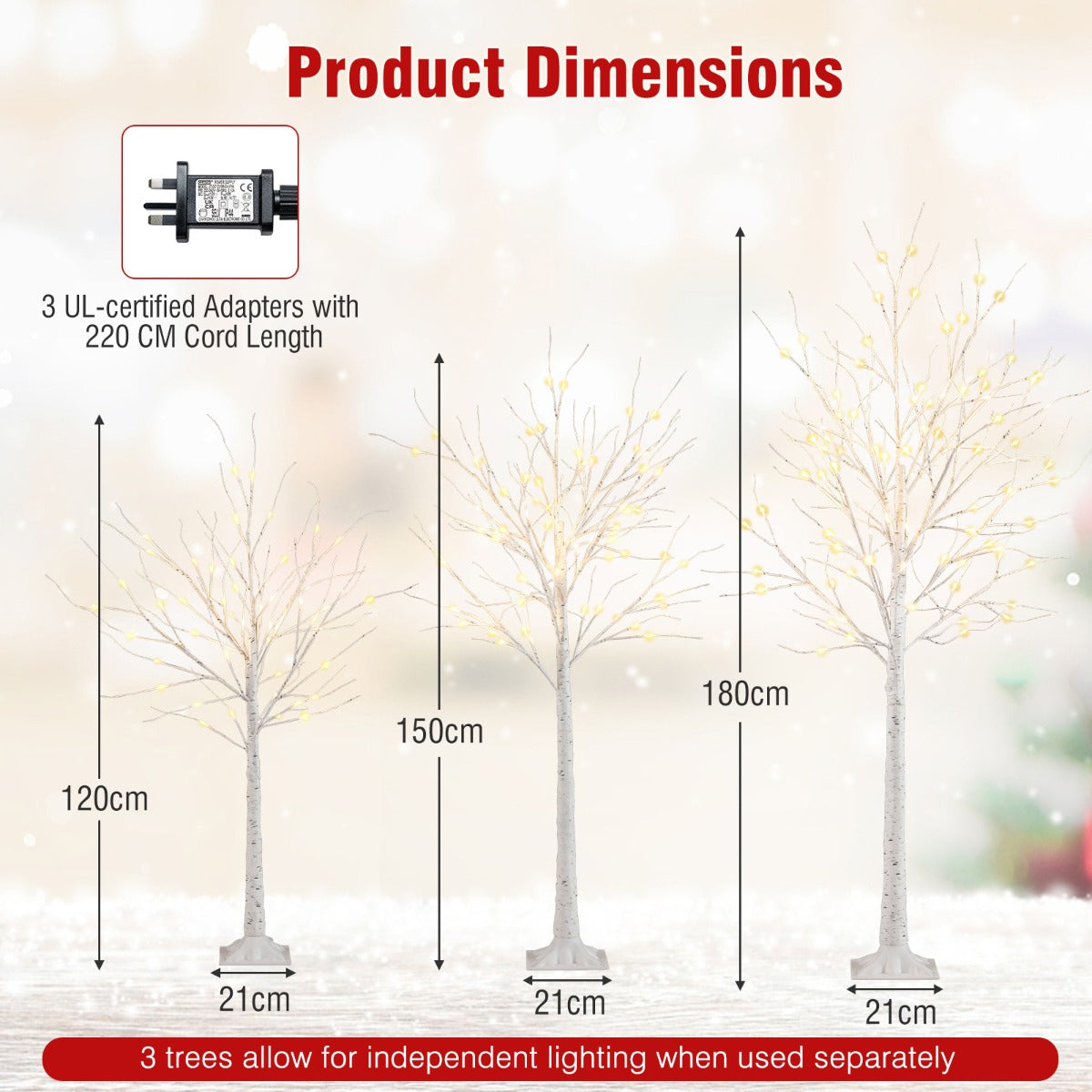 LIVSK 3-delige Verlichte Berkenboomset - Warmwitte LED - Creatieve Flexibiliteit - Binnen en Buiten - 120/150/180 cm - Wit