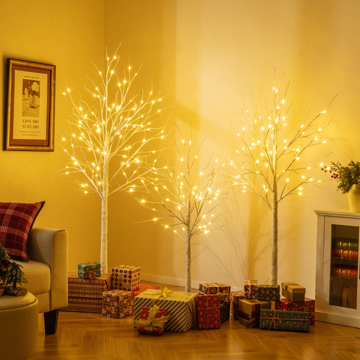 LIVSK 3-delige Verlichte Berkenboomset - Warmwitte LED - Creatieve Flexibiliteit - Binnen en Buiten - 120/150/180 cm - Wit