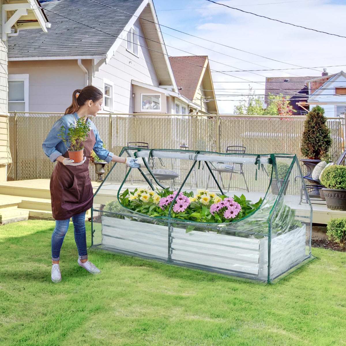 LIVSK PVC-kas en Verhoogd Tuinbed - Duurzaam met 2 Ramen - Gemakkelijke Toegang - Stabiele Constructie - Groen/Zilver
