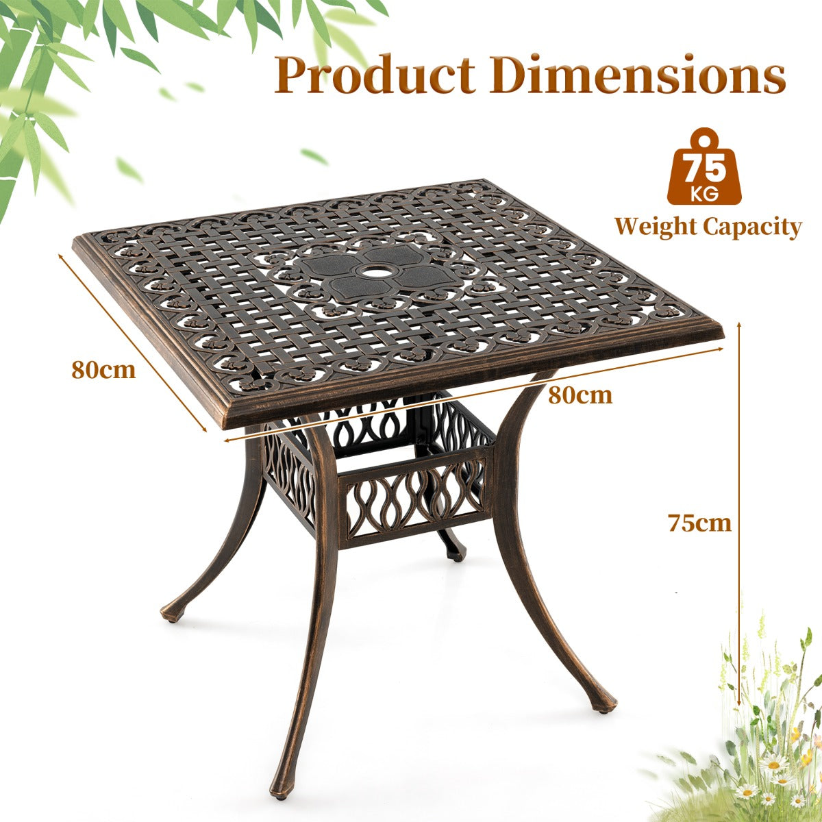 LIVSK Gietaluminium Terrastafel - Parasolgat 4,8 cm - Voor 4 Personen - Verstelbare Poten - 80 x 80 x 75 cm - Brons