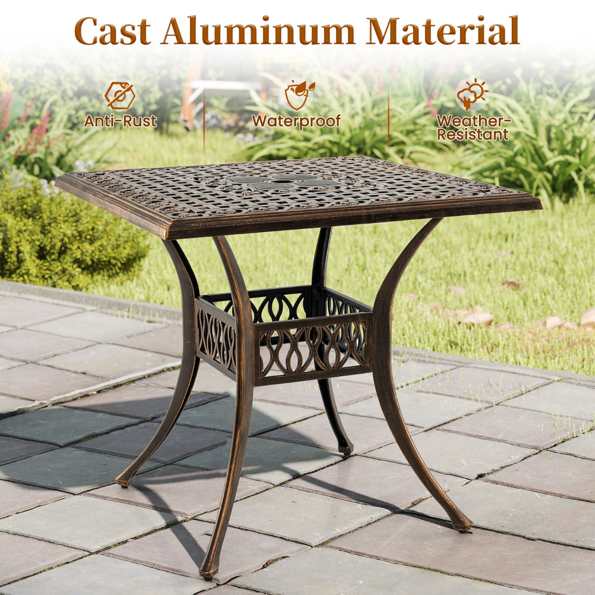 LIVSK Gietaluminium Terrastafel - Parasolgat 4,8 cm - Voor 4 Personen - Verstelbare Poten - 80 x 80 x 75 cm - Brons