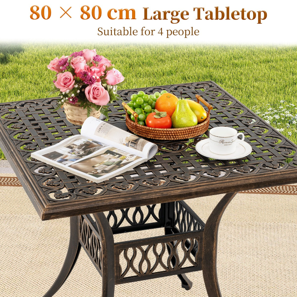 LIVSK Gietaluminium Terrastafel - Parasolgat 4,8 cm - Voor 4 Personen - Verstelbare Poten - 80 x 80 x 75 cm - Brons