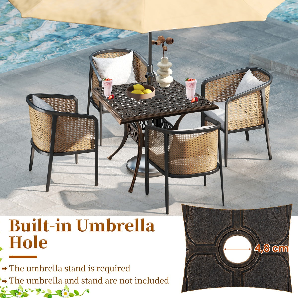 LIVSK Gietaluminium Terrastafel - Parasolgat 4,8 cm - Voor 4 Personen - Verstelbare Poten - 80 x 80 x 75 cm - Brons