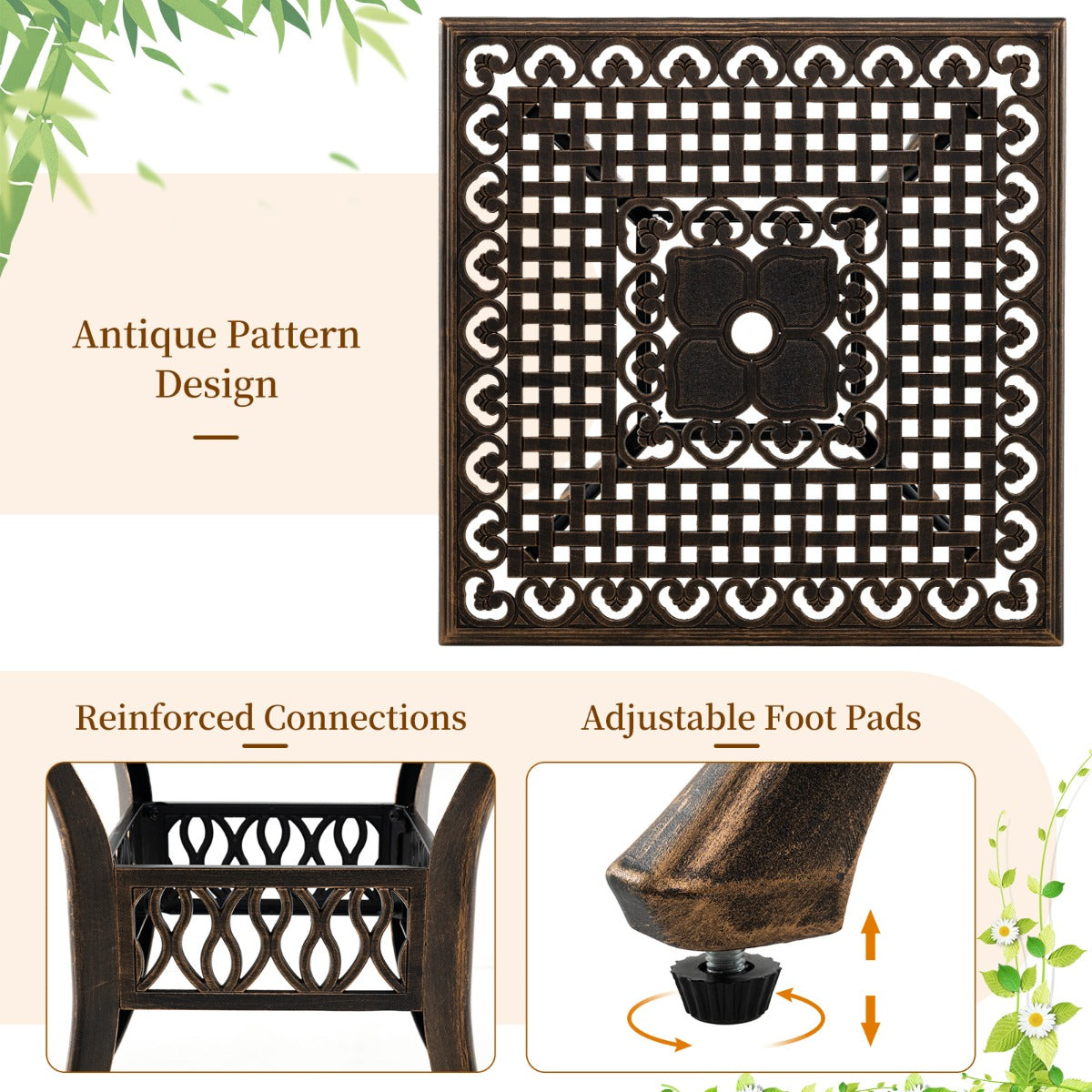 LIVSK Gietaluminium Terrastafel - Parasolgat 4,8 cm - Voor 4 Personen - Verstelbare Poten - 80 x 80 x 75 cm - Brons