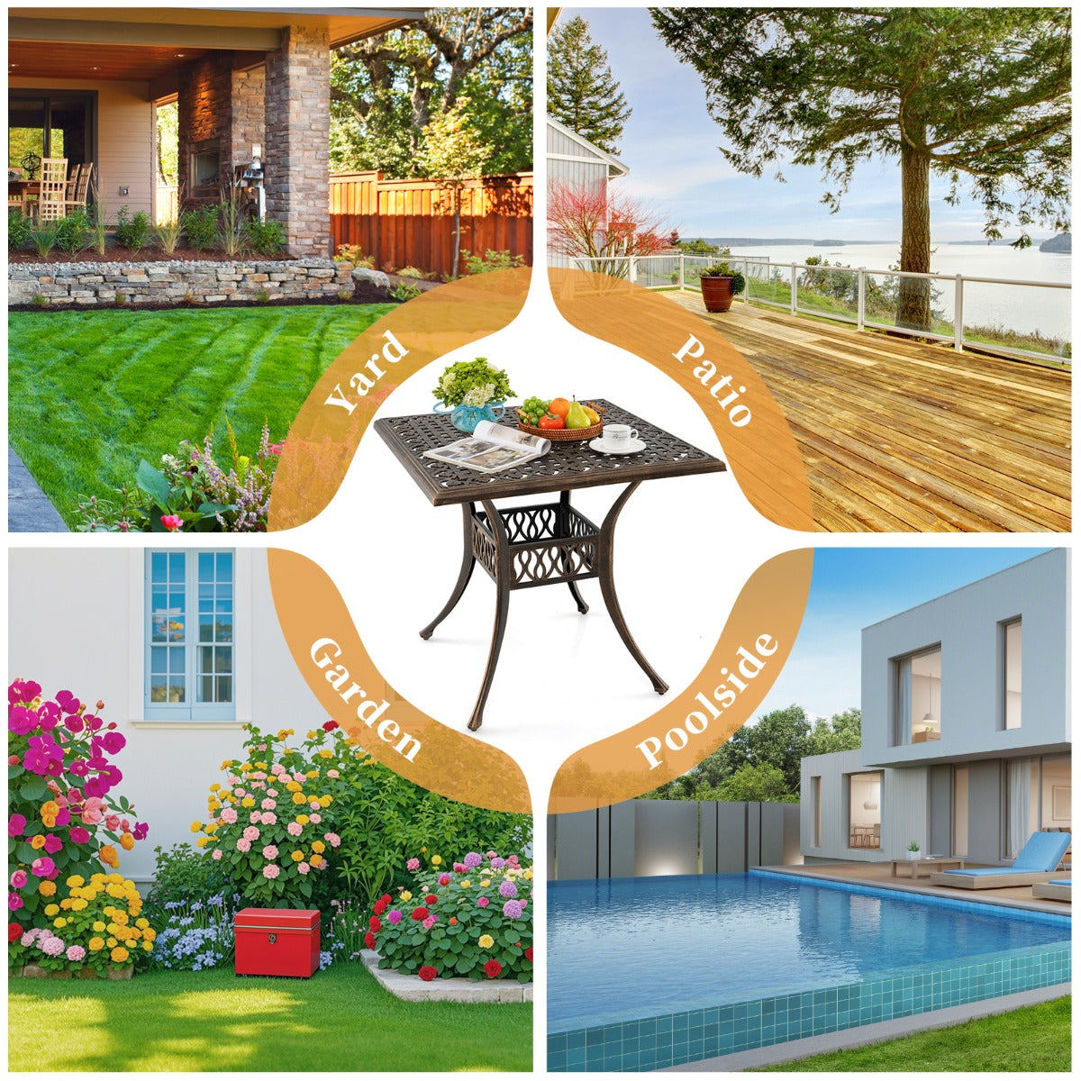 LIVSK Gietaluminium Terrastafel - Parasolgat 4,8 cm - Voor 4 Personen - Verstelbare Poten - 80 x 80 x 75 cm - Brons