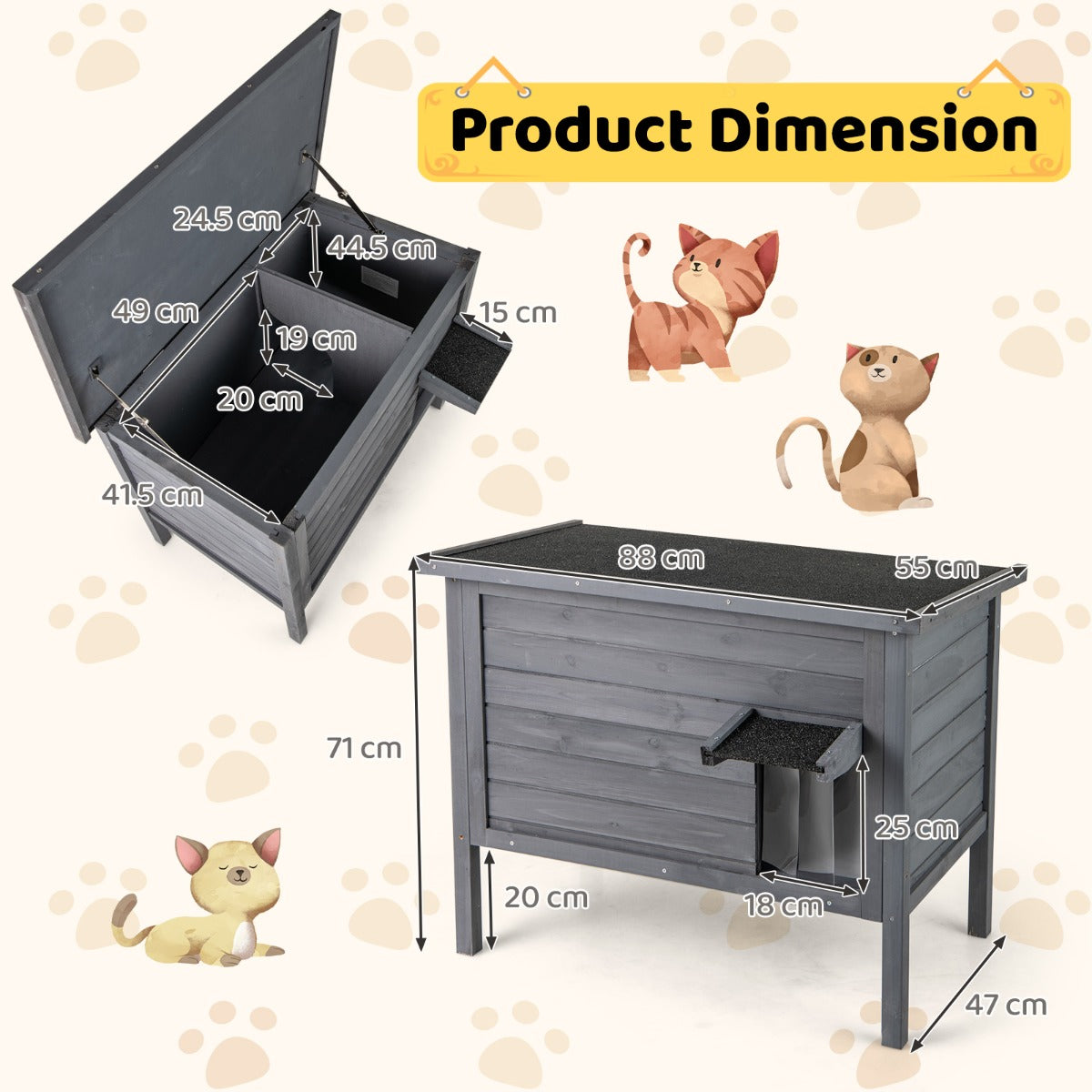 LIVSK Geïsoleerd Kattenhuis Voor Buiten - Ruim met Verwijderbaar Tussenschot - Weerbestendig - 88 x 55 x 71 cm - Donkergrijs/Zwart