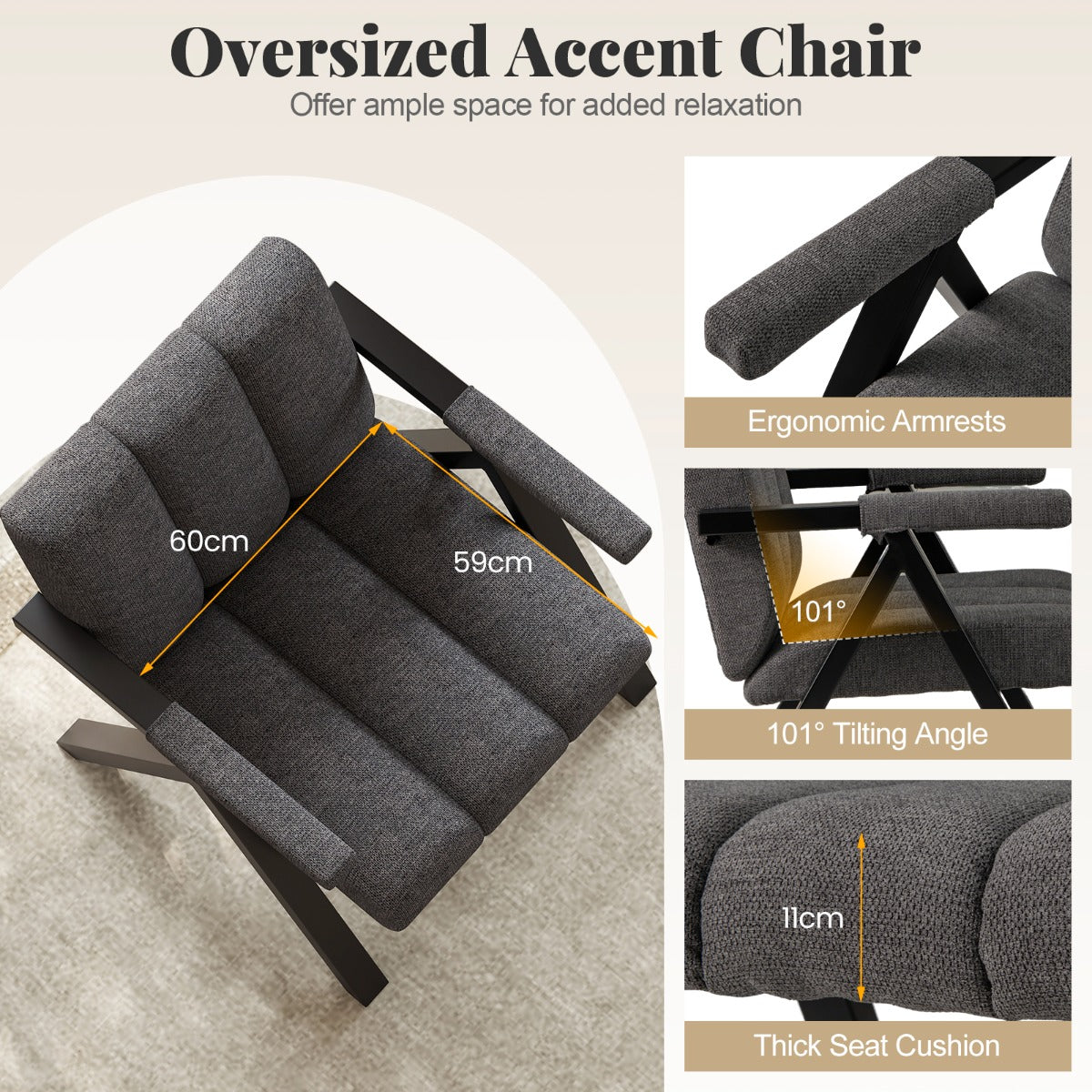 LIVSK Zitzakstoel en Poef-Set - Ergonomisch en Comfortabel - Stabiel Metaal - Tot 150 kg - Modern Design - Grijs